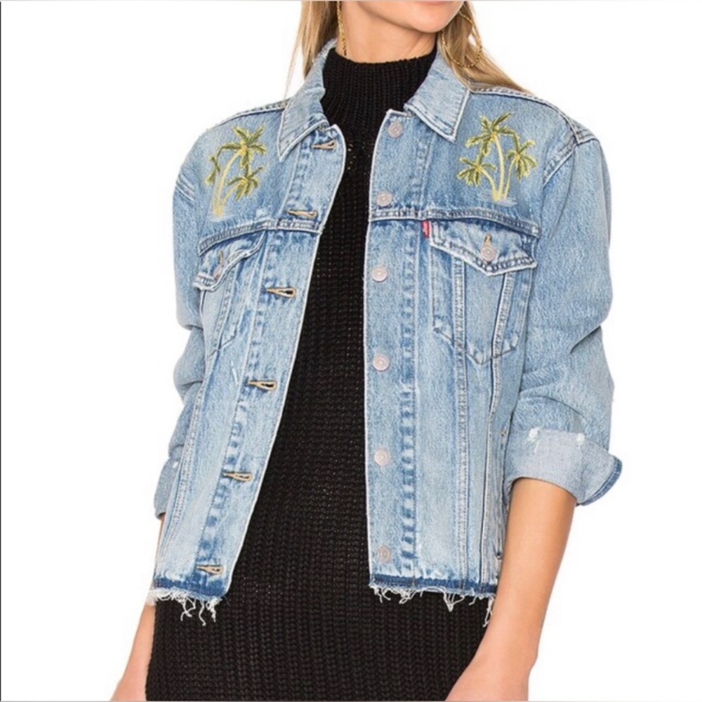 Levi's Women's Palm Tree Embroidered Denim Jacket Size S Blue Jean